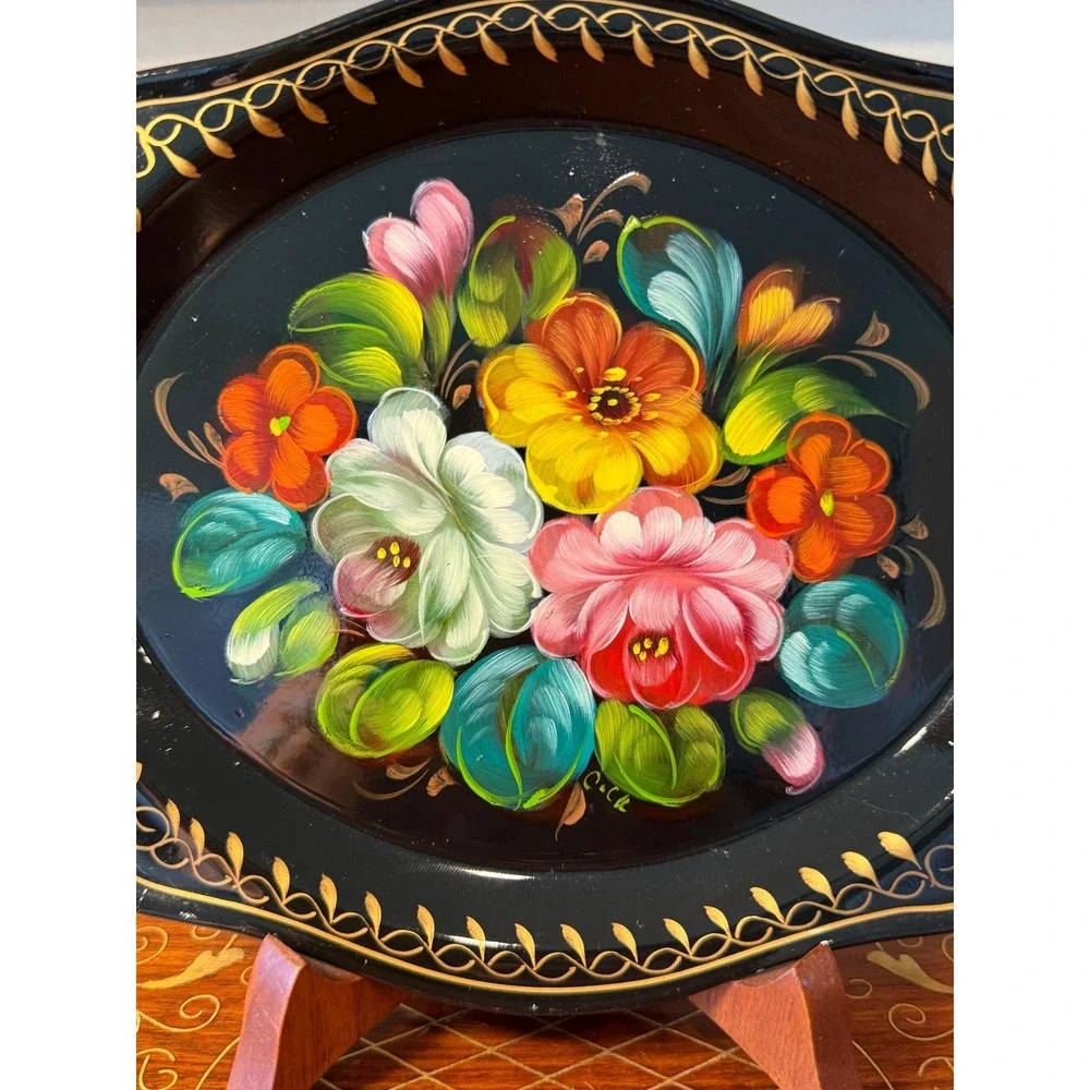 Vintage Black Tole Floral Tray - Hand‎ Painted with Stand